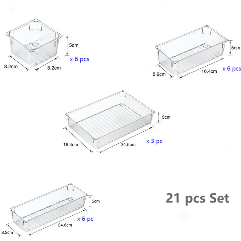 Desk Drawer Organiser Trays Set Of 21 Clear Frosted Plastic Storage