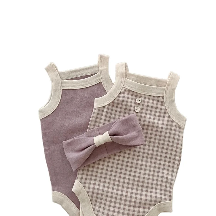 Детский хлопковый комбинезон в зарубежном стиле для девочек однотонный фиолетовый клетчатый с повязкой на голову комплект из комбинезона весна-осень