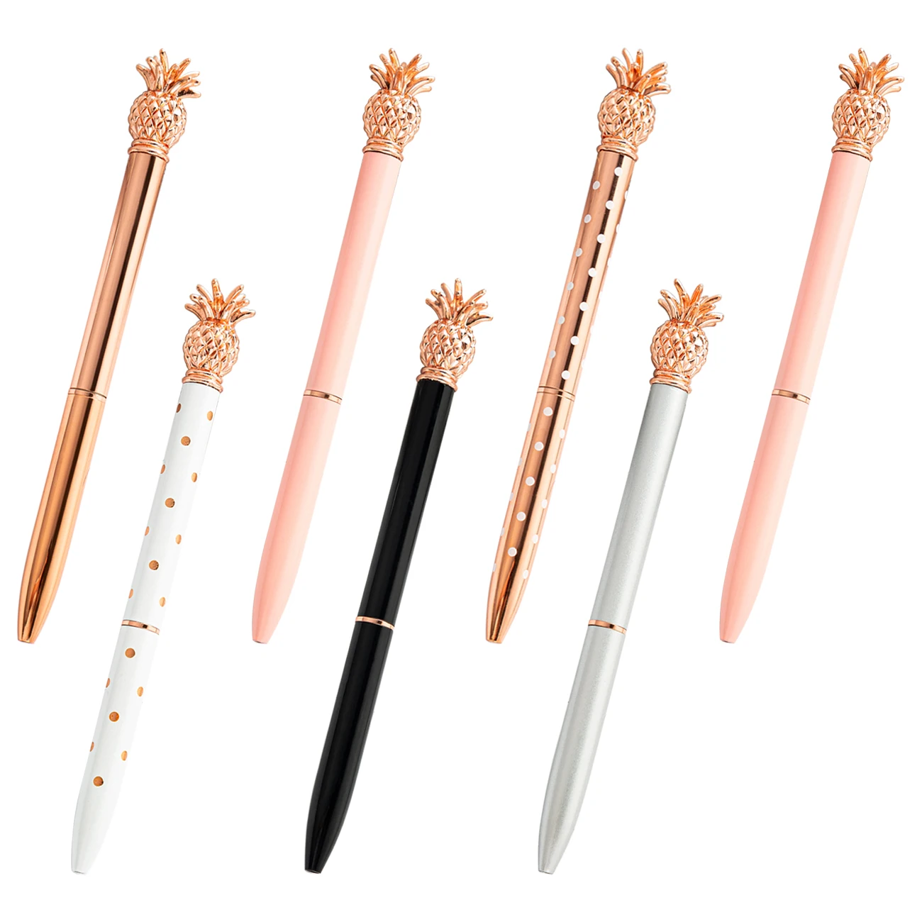 4 Ananas Kugelschreiber Metall – Rosegold, Silber, Weiß, Mit Schwarzer Tinte 1,0 Mm