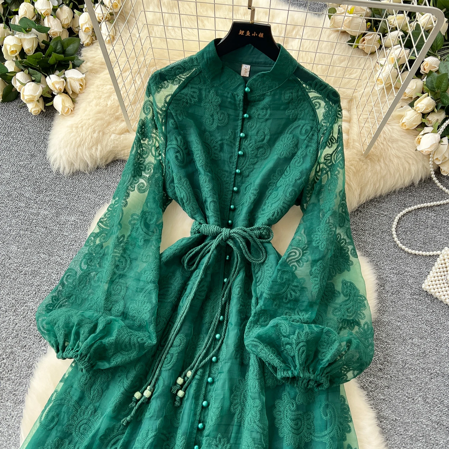embroidered lantern sleeve dress Women Plus Size 3/4 Sleeve Embroidery Floral Formal Wedding Party Long –  JeHouze.US main image 0