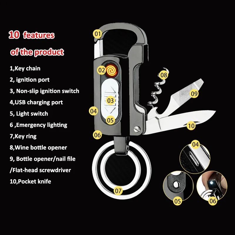10 in 1 Multifunction Keychain Lighter Wine Bottle Opener Usb Lighter Knife Lighter Rechargeable Key Chain Lighter
