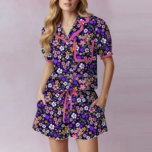Purple Floral Print Pink Piping Short Sleeve Puff Collar Shirt Pocket Top Drawstring Shorts Cute Loose Pajama Set Women