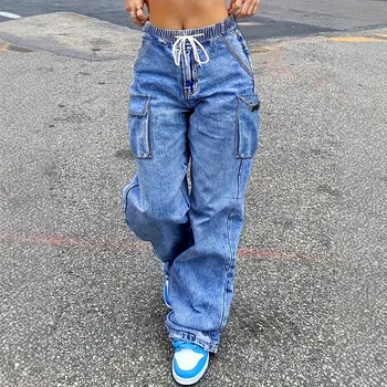 American Retro Tooling Jeans Women's Fat mm Large Size Thin Loose High Waist Wide Leg Trousers,multi-pocket Jeans