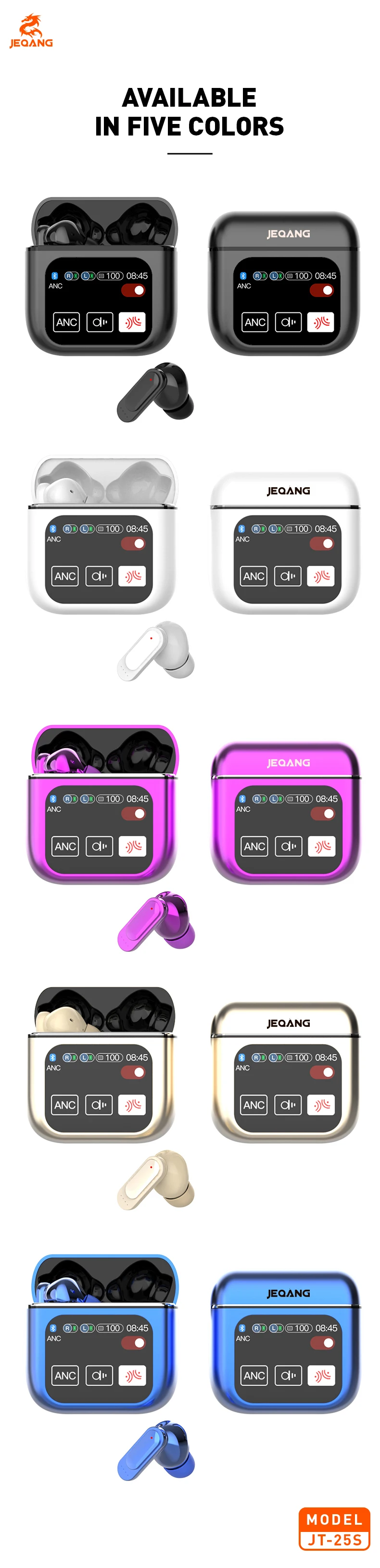 Jeqang-25S TWS LED Digital Display In-Ear for BT Earphones with ENC ANC Waterproof Function and Large Screen Display