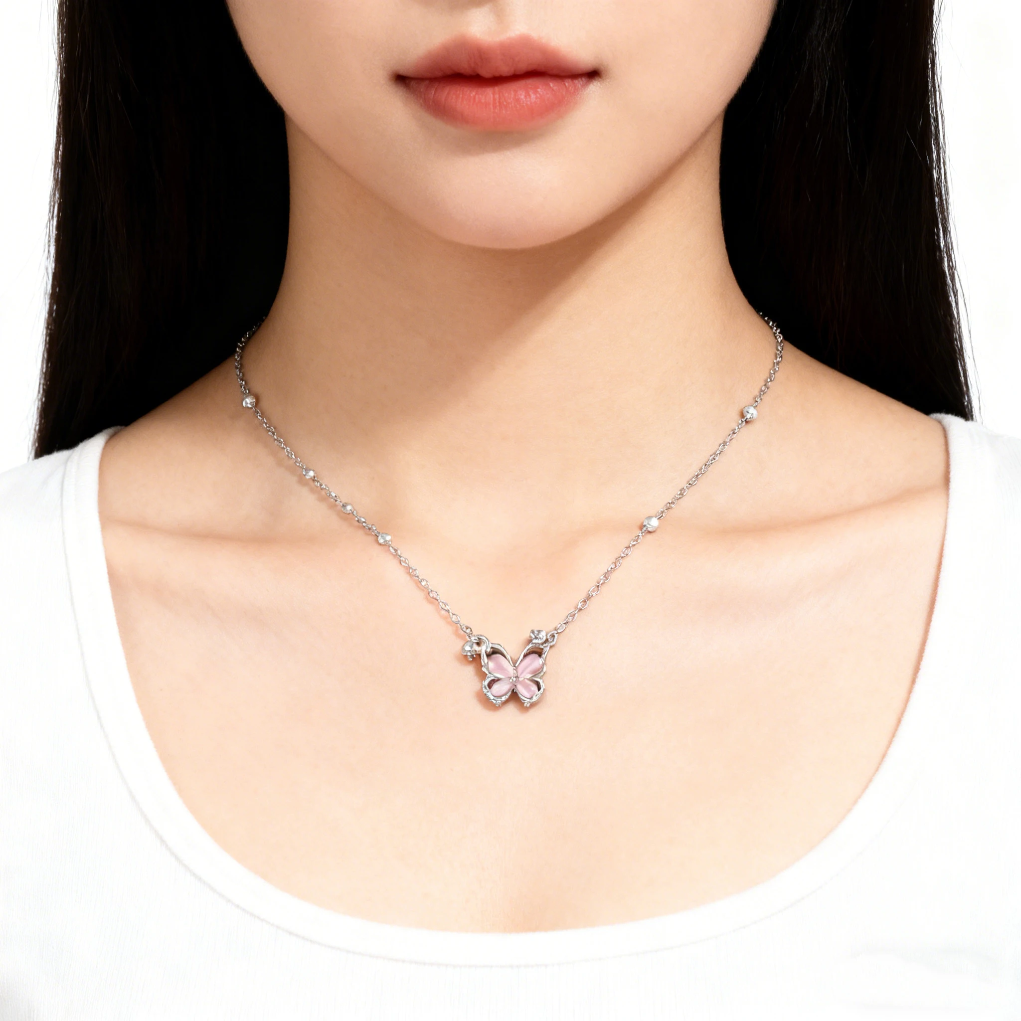 Strawberry Crystal Butterfly Pendant Necklace