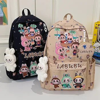 Hot Labu Cartoon Printed Backpack Cute Large Capacity Children's Lightweight Casual Material Schoolbag With Plush Doll Pendant