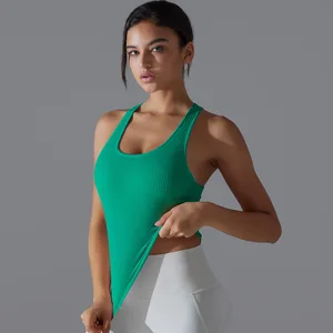 High Elastic Tight Fit Racerback Long Sports Tank Top Women Gym Running Yoga Workout Vest
