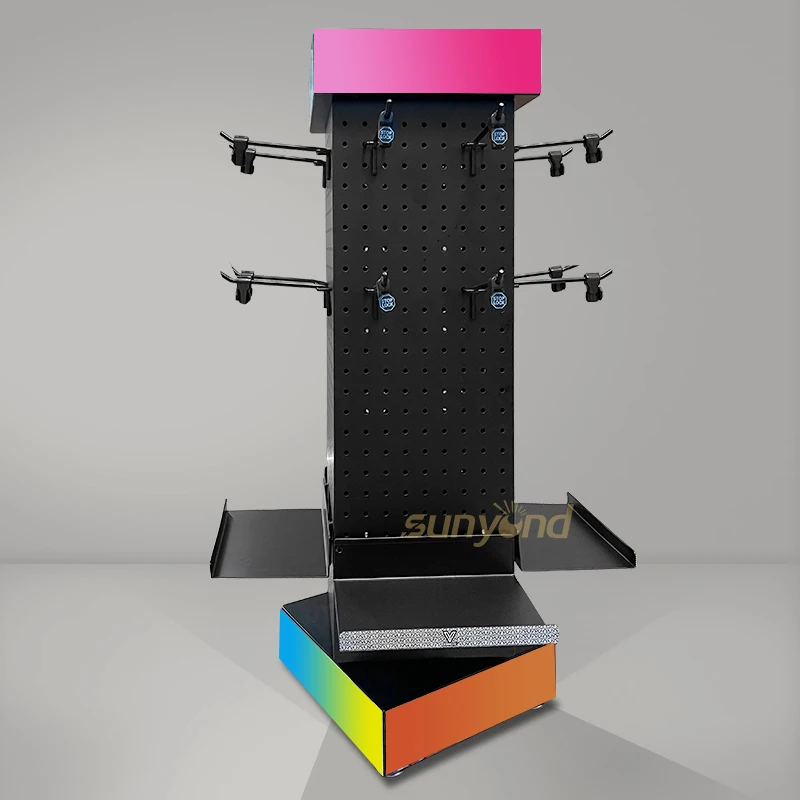 Swivel Floor Free Standing Board Shelf With Hook Display Rack Mobile