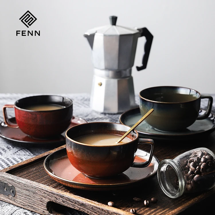 product fenn high quality and nice design green ceramic home coffee cups set 250ml mugs vintage style coffee cup and saucer for gift481-58