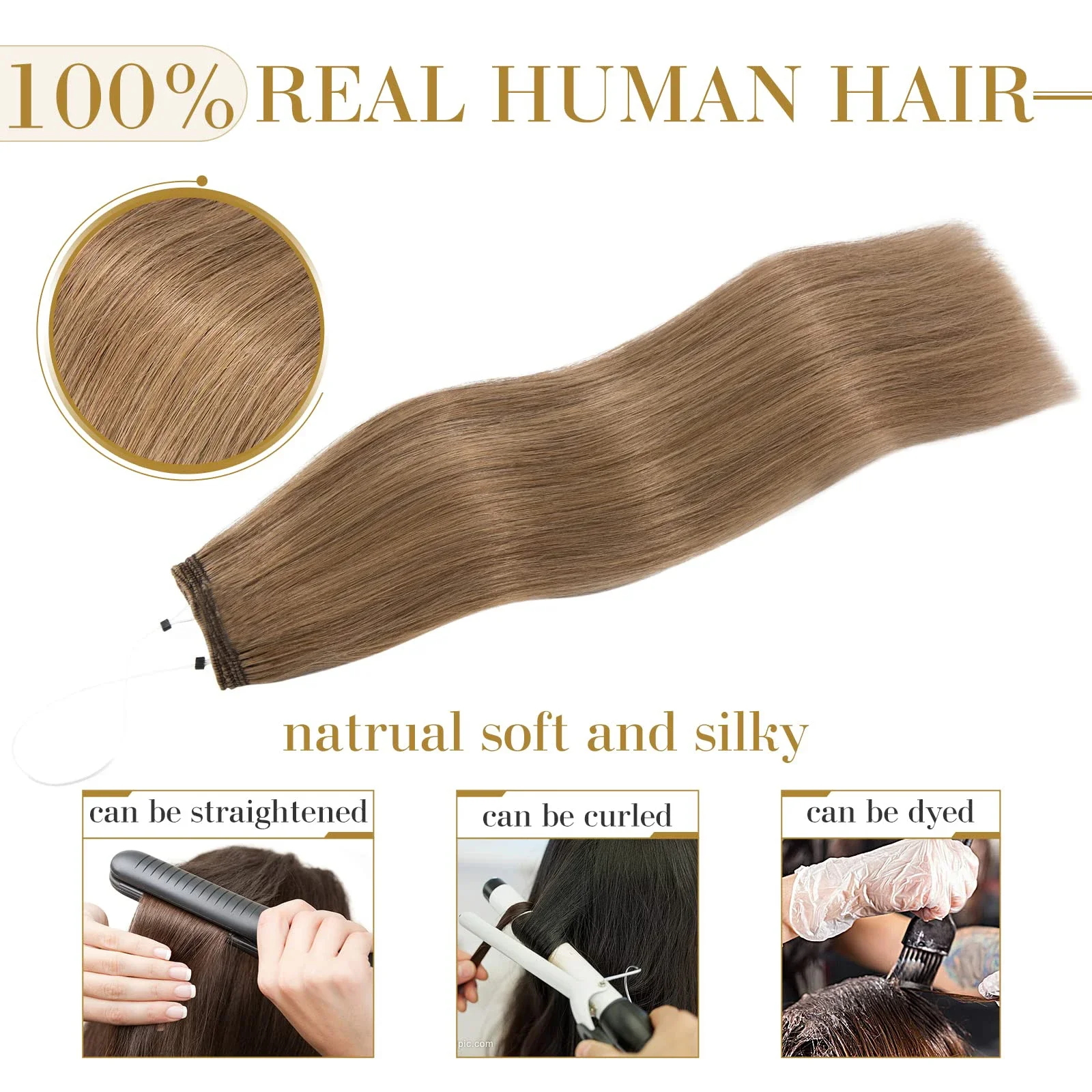 Straight Human Hair Extensions Layered Fish Hair 16-26inch Real Human Hair with Transparent Line Hair Extensions For Women #6_voghion.com
