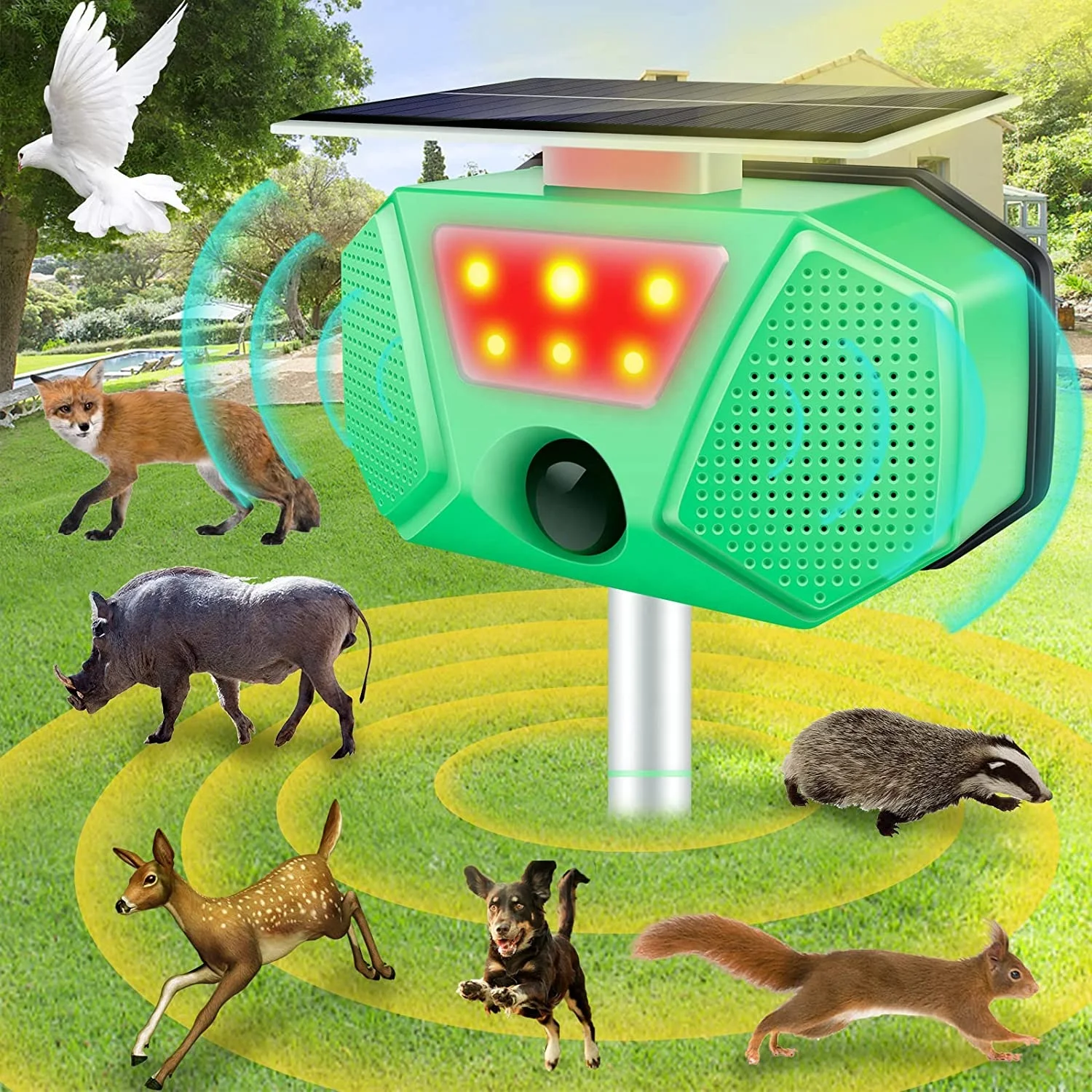 SAIJZEK New Design OEM outdoor waterproof IP66 solar powered ultrasonic marten cat repeller device wild animal repeller factory