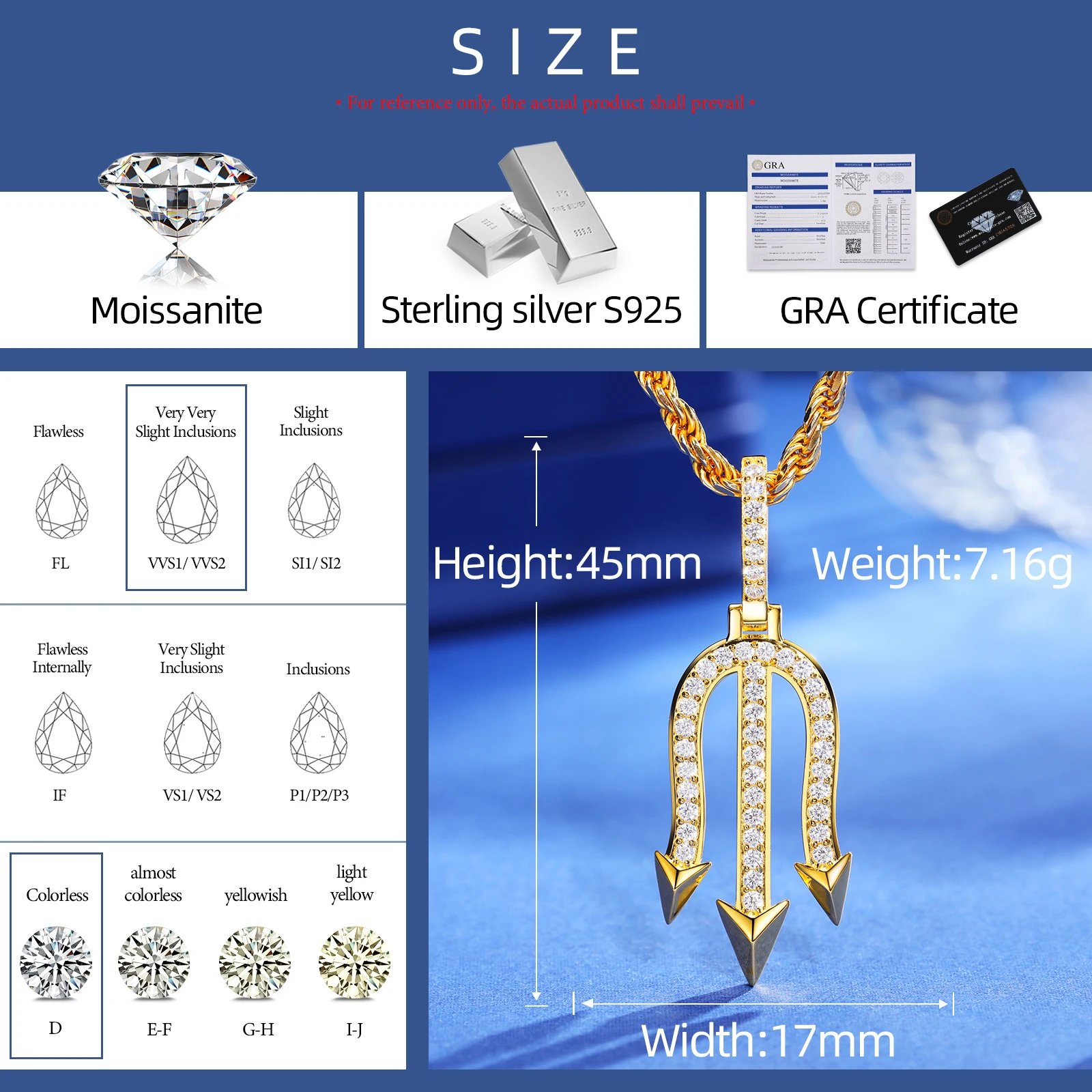 Fashion Mens Rapper Jewelry Hip Hop Necklace White Gold 925 Sterling Silver  VVS Moissanite Diamond Iced Out Trident Pendant