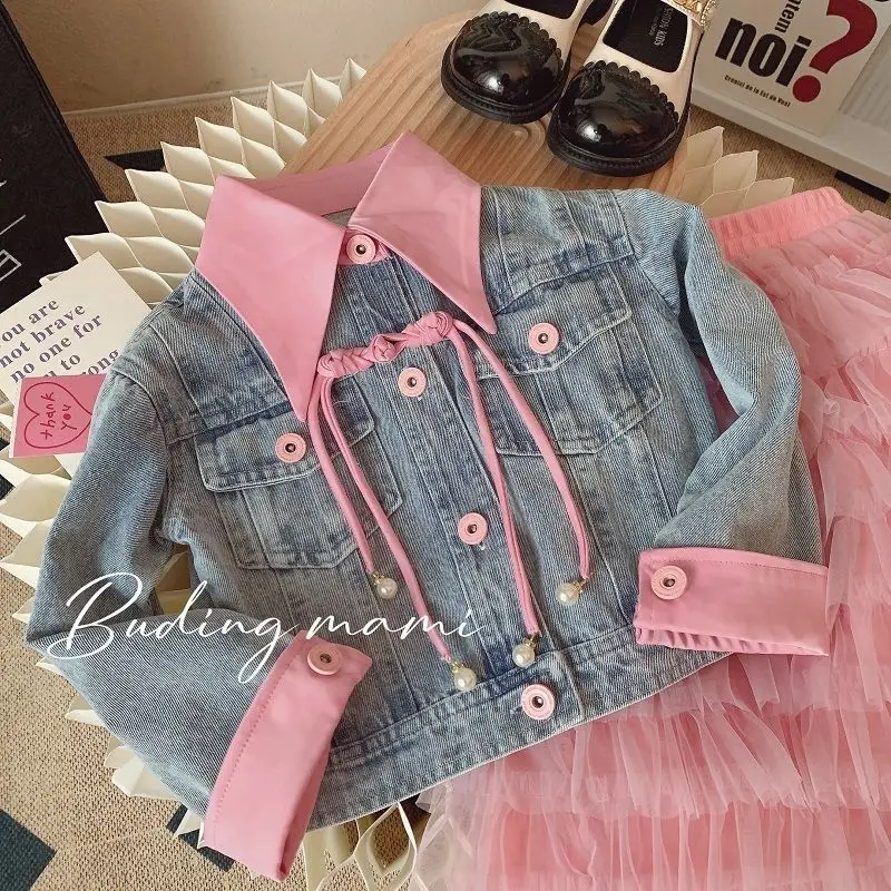 New Fashion Teen Girls Clothing Set Long Sleeve Solid Patchwork Denim  Jacket Top Layered Tulle Skirt 2pcs Jeans Set Clothing