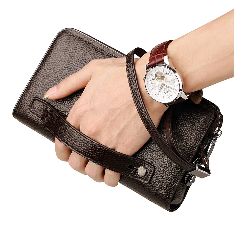 For WILLIAMPOLO Men's Genuine Cow Leather Clutch Wallet with RFID Zipper Closure Business Handbag Purse Coded Lock Mens Wallet