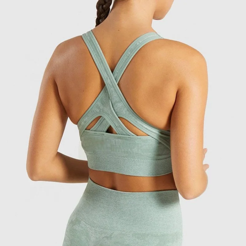 Женский Камуфляжный бесшовный укороченный Топ с длинным рукавом и бюстгальтер, леггинсы, брюки для йоги, одежда для спортзала, комплект для йоги, 3 предмета