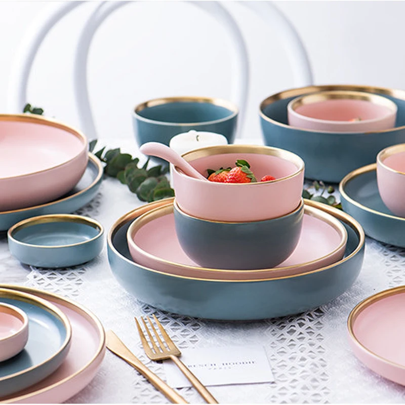 Factory Custom Ceramic Pink Color Dinnerware Sets Ceramic Tableware With Gold Rim Porcelain Plates for Banquet Event Party