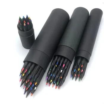 High Quality Black Wood Material Hexagonal Colored Pencil Set With Tube Box Custom 12 Colour Pencil 24 36 Pencil Set Color