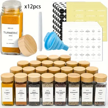 12 Pcs Set 4oz Christmas Gifts Spice Jars with Label Glass Spice Containers with Bamboo Lids Kitchen Empty Spice Jars