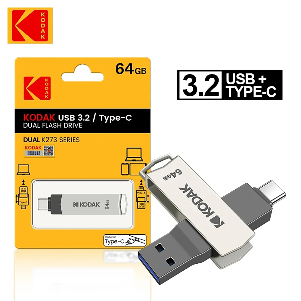 Kodak USB 3.2 Type C OTG Dual Flash Drive K273 Mini Pendrive Metal U-disk Portable 2in1 256 GB USB Flash Drive