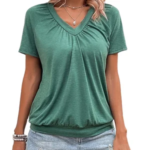 Adorable Casual V-neck Design Women's Woven Cotton Breathable Eco-friendly Summer T-shirt with Short Sleeve Compressed