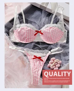 2026 European & American Pink Girly Mesh Lace Patchwork Small Checkered Print Color-Blocked Sexy Lingerie Set