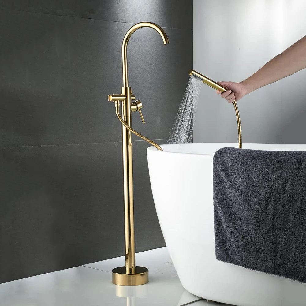 LLGG Brushed Gold Freestanding Tub Filler – Floor Mounted With Hand Shower, High Flow Rate