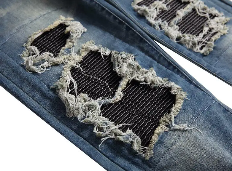 New Style Men's Distressed Destroyed Pants Art Hole Patches Skinny Biker Black Blue Slim Trousers Men Denim Jeans