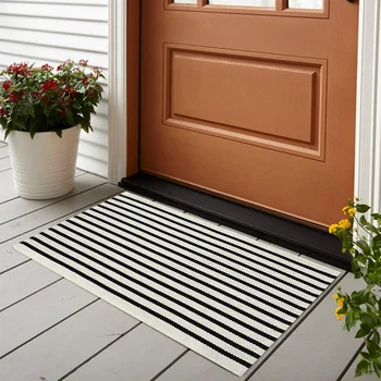 27.5 x 43 Inches Indoor Outdoor Washable Cotton Woven Black and White Striped Outdoor Layering Rug for Coir Front Doormats