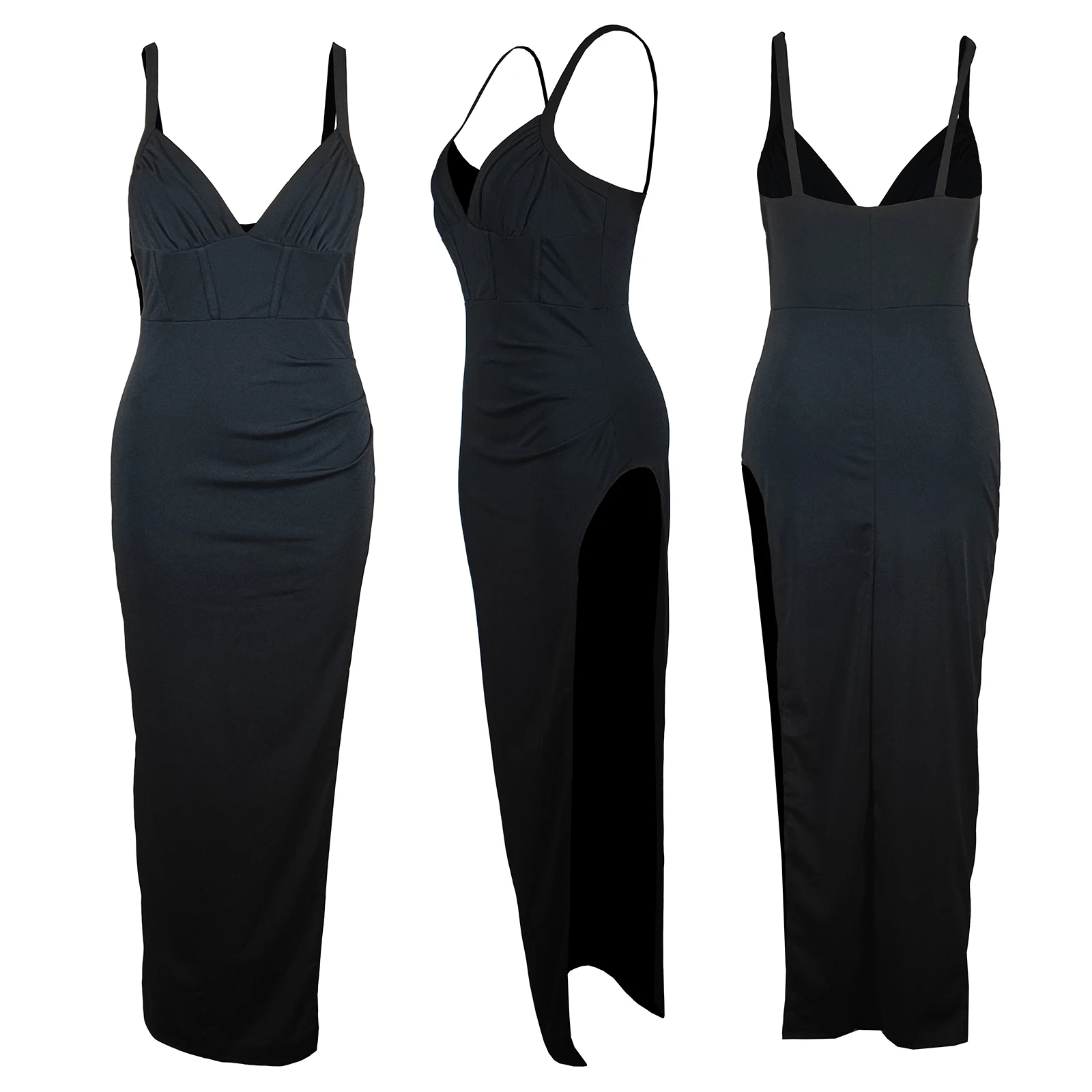 Новое поступление однотонное вечернее платье с V-образным вырезом и плиссированной талией длинное большим разрезом для