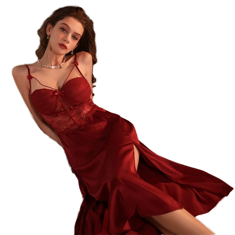 Women's Advanced Summer with Breast Pad Nightdress Women's Lace Edge V-neck Ice Silk Split Halter Sexy Pajama Thin Look Slimming