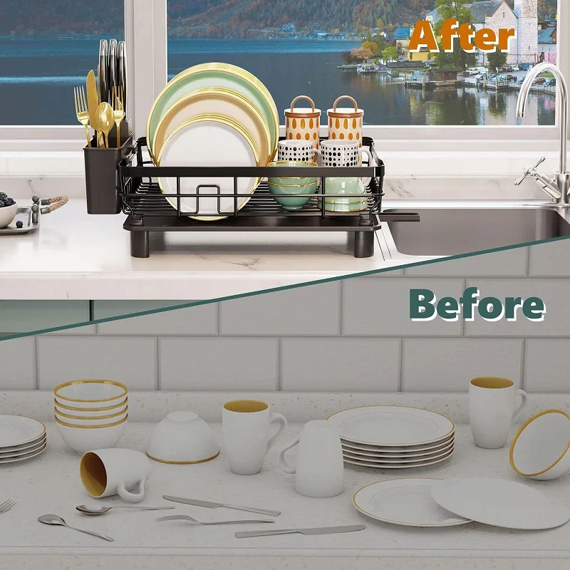 Dish Drying Rack with Drainboard Countertop Sink Adjustable Spout Dish Strainers with Utensil Holder and Knife Slots Dish Rack