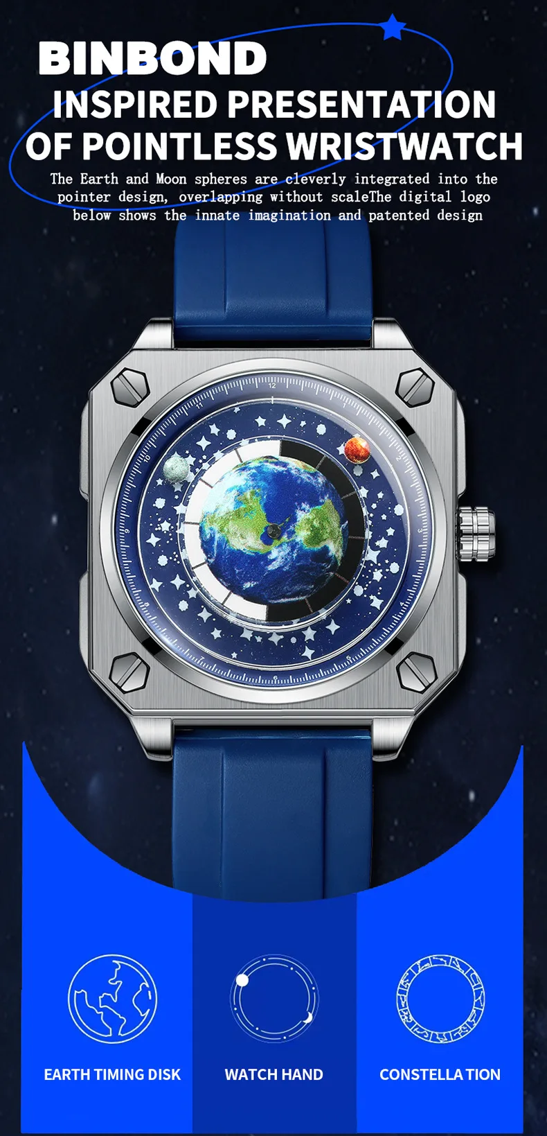 Binbond Square Dial Moon Earth Star Sky Blue Planet Quartz Watch For Men 700
