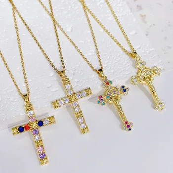 Amazon Best Selling Gold Plated Rhinestone Crystal Cross Pendant Necklace Micro Pave CZ Cross Necklace For Party