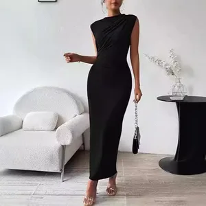 Slim Fit Bodycon Dress Pleated Waist Sleeveless Long Dress with Slit and Tight Fitting Women's Casual Dresses