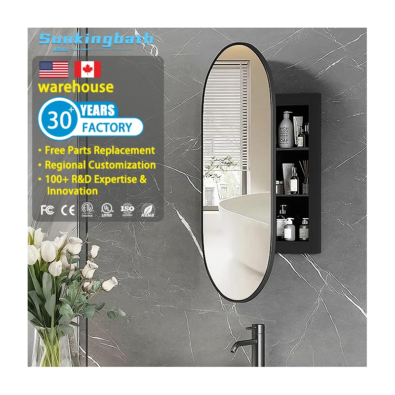 Oval Recessed Bathroom Medicine Cabinet with Mirror Oblong Pill Shaped Bathroom Cabinet with Mirror 16x33'' for Home Bathroom