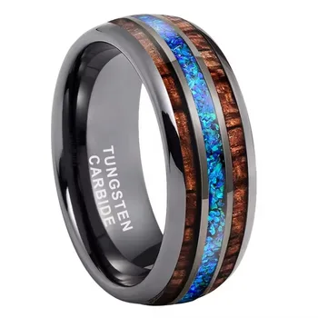 POYA Jewelry Hawaii Koa Wood Blue Opal Inlay 8mm Black Tungsten Carbide Wedding Engagement Rings Fashion Rings for Men