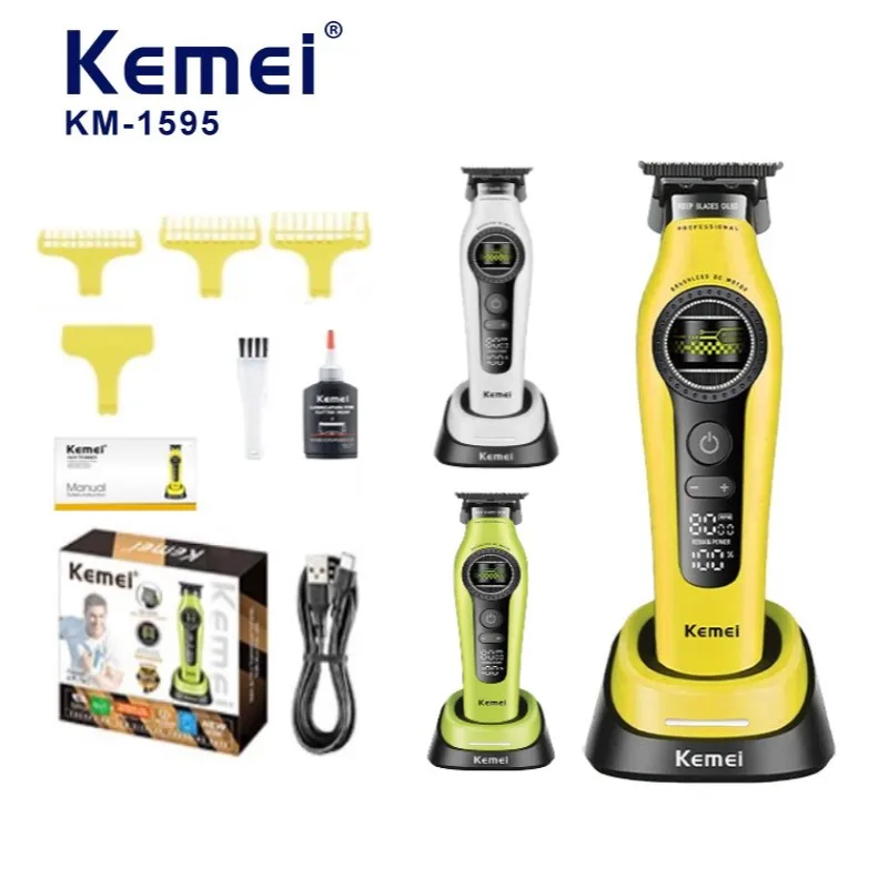 Machine à raser pour barbe Kemei KM-1595, batterie lithium rechargeable de 2000 mAh et 5 W, vitesse réglable sur 5 niveaux DLC, moteur sans balais de 8000 tr/min, tondeuse pour cheveux avec station de charge