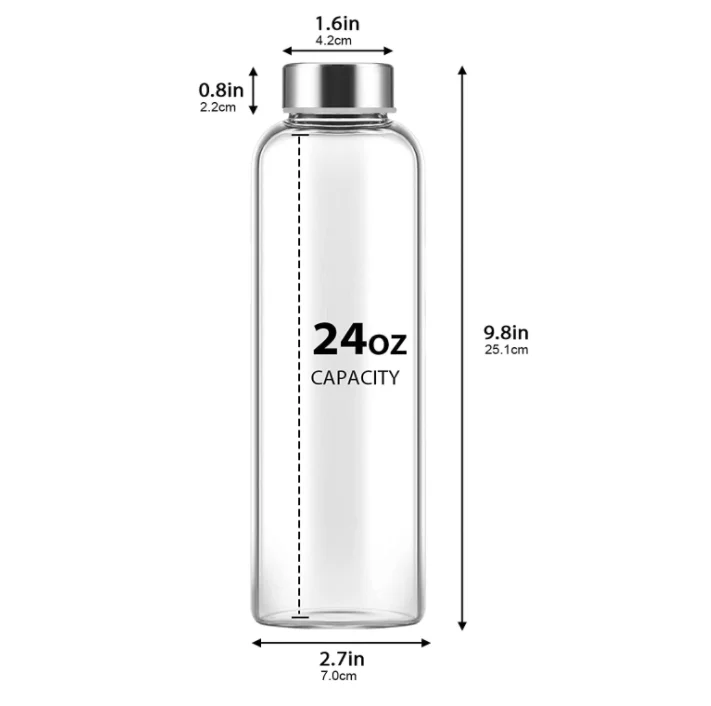 24oz Glass Water Bottle Reusable Drinking Clear Glass Juice Bottle With Stainless Steel Lid