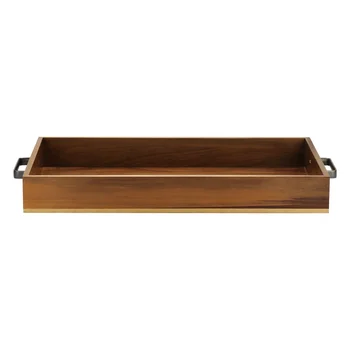 Rectangular display walnut color wooden trays provide serving fruit wood storage tray with metal handles