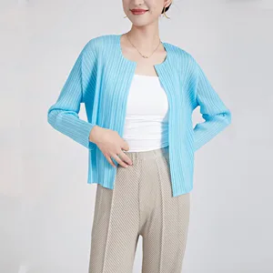 Miyake Women's Summer 2025 Cardigan Petite Print With V-Neck and Logo Sun Protection Loose Long Sleeve Shirt