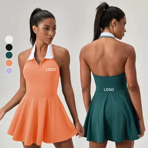 New Design Outdoor Backless Sports Tennis Dresses Hanging Neck Lightweight Women's Turn Down Collar Breathable Golf Skirts