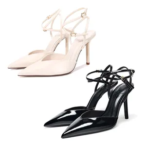 ZA2026 Women's High Top Summer Sandals New Patent Leather Effect Lace-Up Pointed Toe Open Back Mules Closed-Toe High Heel