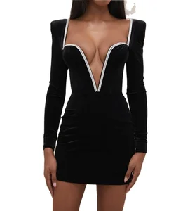 Club Wearing Black Velvet Crystal Plunge Mini Dress Deep v Neck Long Sleeve Fashion Party Dress With Crystal