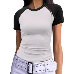 2025 Summer Women's Short Sleeved Casual Color Blocked Slimming T-shirt