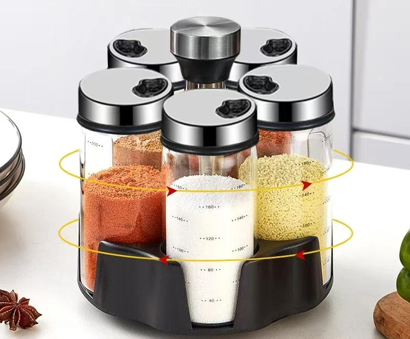 Rotating Household Kitchen Glass Seasoning Jar Set Spice Bottle with Shaker Lid for Pepper and Spice Storage