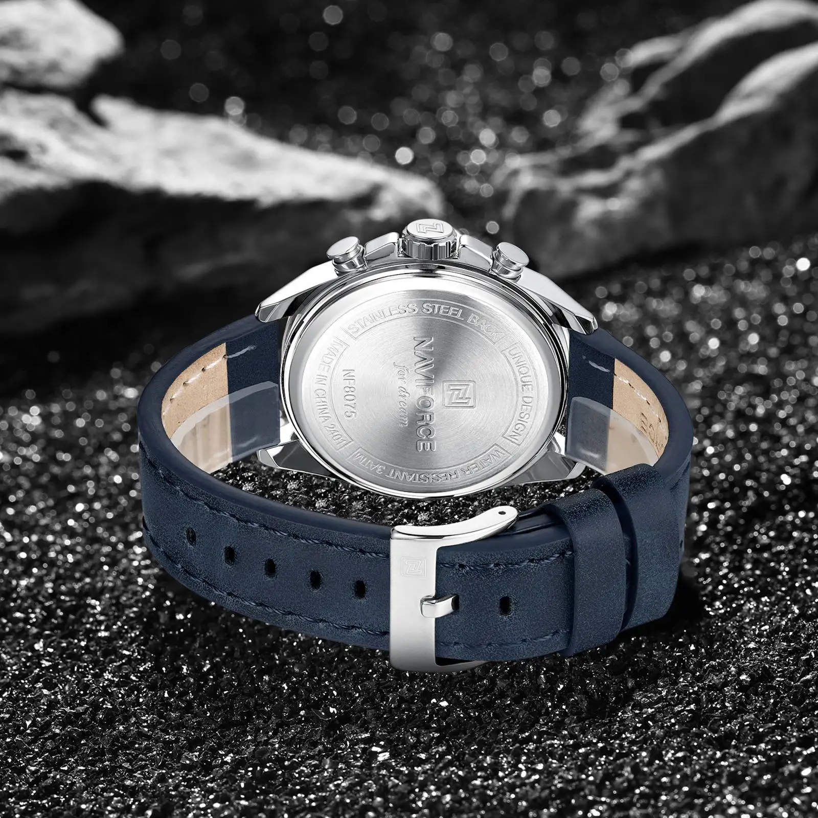 NAVIFORCE 8075, reloj cronógrafo con correa de cuero negro de lujo para  hombre, esfera ovalada de 46mm, relojes deportivos de cuarzo para hombre, 