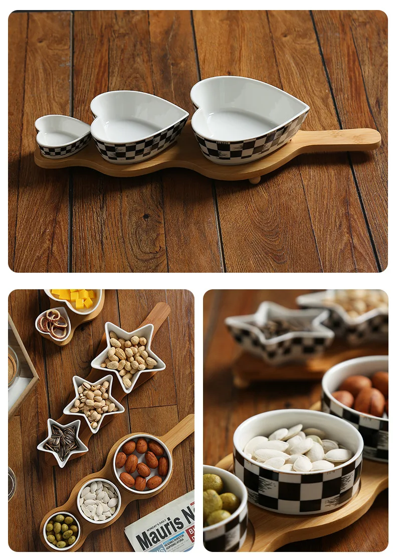 3 Compartment Dried Fruit Ceramic Plate Snack Soy Dipping Sauce Bowl