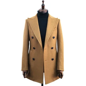 Brown Wool Thick Anti-Wrinkle Long Overcoat with Shawl Lapel Double-Breasted Winter Fashion for Men with Belt