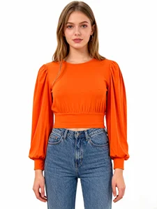 Women's Spring/Autumn Knit Soft Stretch High Quality Fashion Pullover Elegant Lantern Sleeve Crew Neck Elastic Waist Band Crop