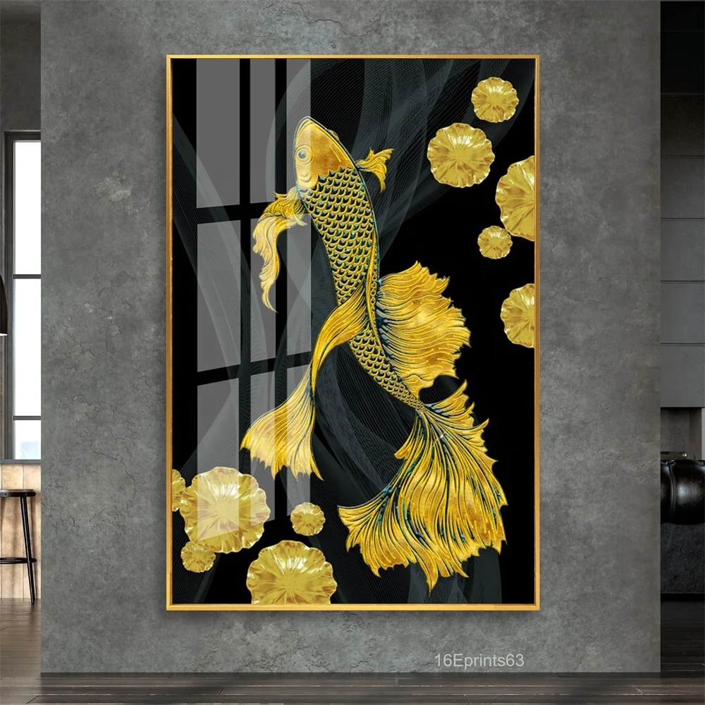 装飾金魚クリスタル磁器アニマルウォールアートガラスアクリル鯉魚絵画